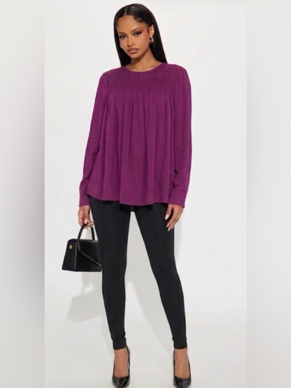J. Jill Smocked Yoke Long-Sleeve Blouse in Plum